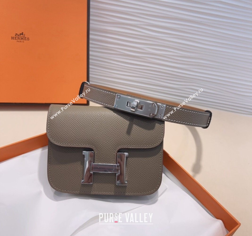 Hermes Kelly Buckle Slim Pouch Belt in Grained Calfskin with Silver Hardware Grey 2024 0706 (99-240706028)