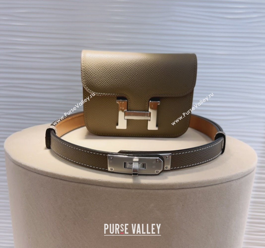 Hermes Kelly Buckle Slim Pouch Belt in Grained Calfskin with Silver Hardware Grey 2024 0706 (99-240706028)