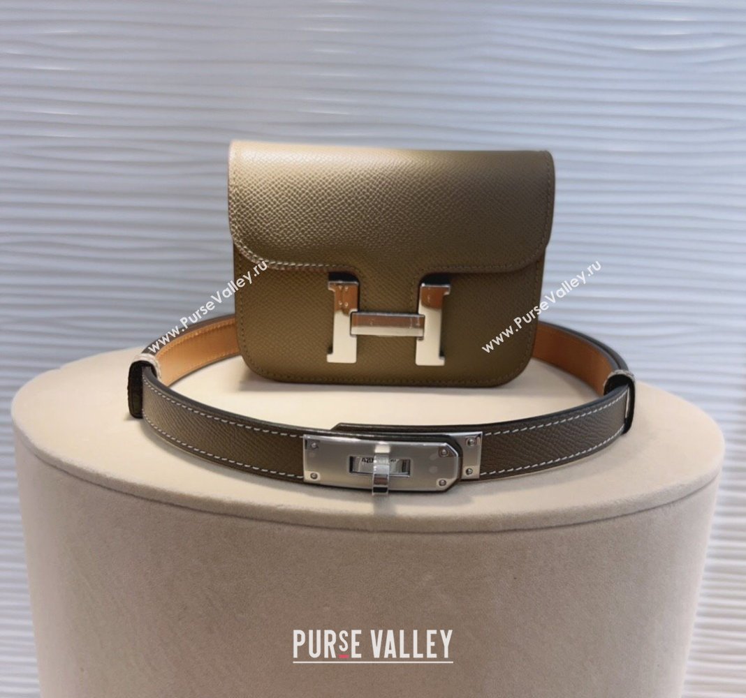 Hermes Kelly Buckle Slim Pouch Belt in Grained Calfskin with Silver Hardware Grey 2024 0706 (99-240706028)