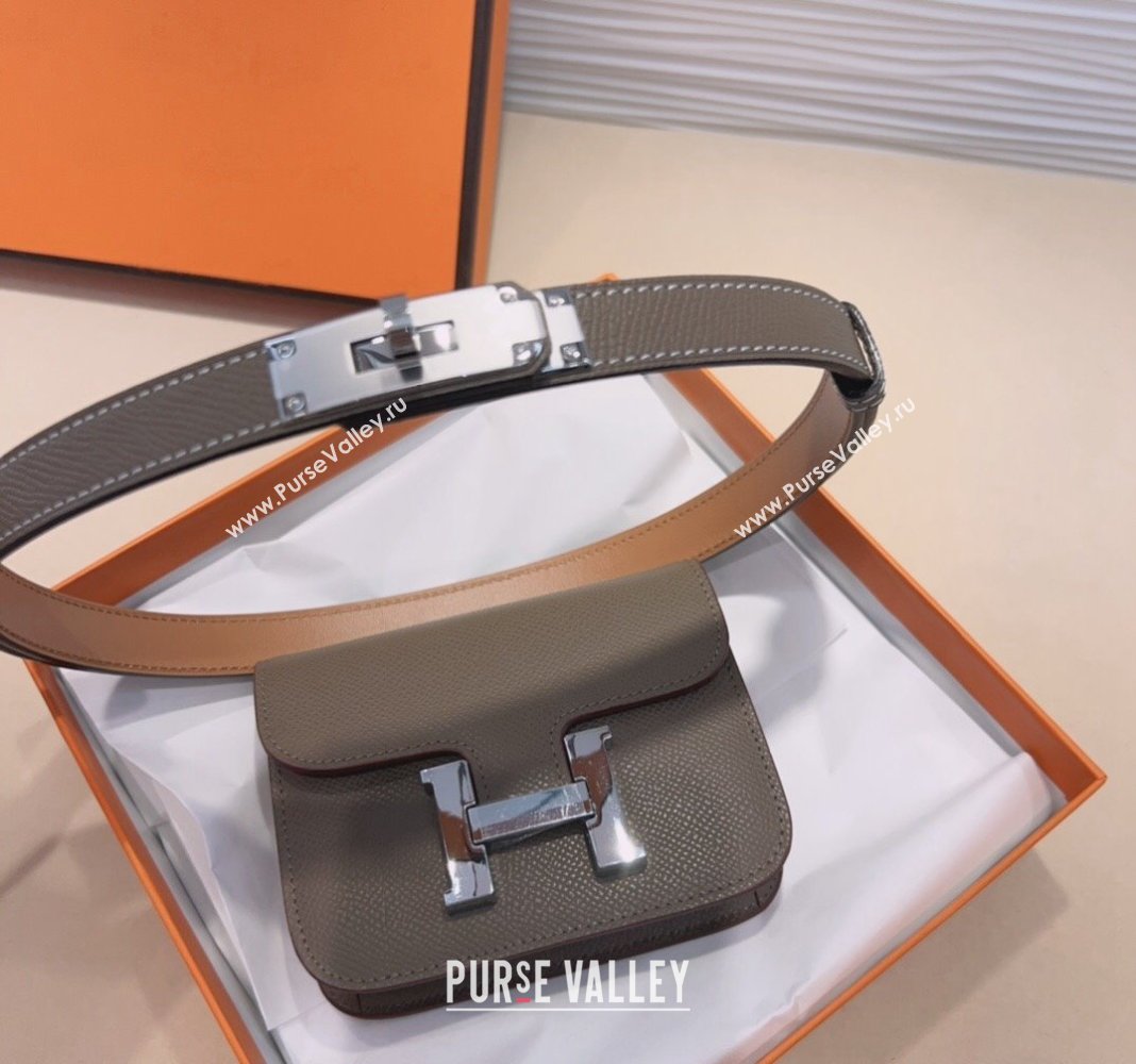 Hermes Kelly Buckle Slim Pouch Belt in Grained Calfskin with Silver Hardware Grey 2024 0706 (99-240706028)