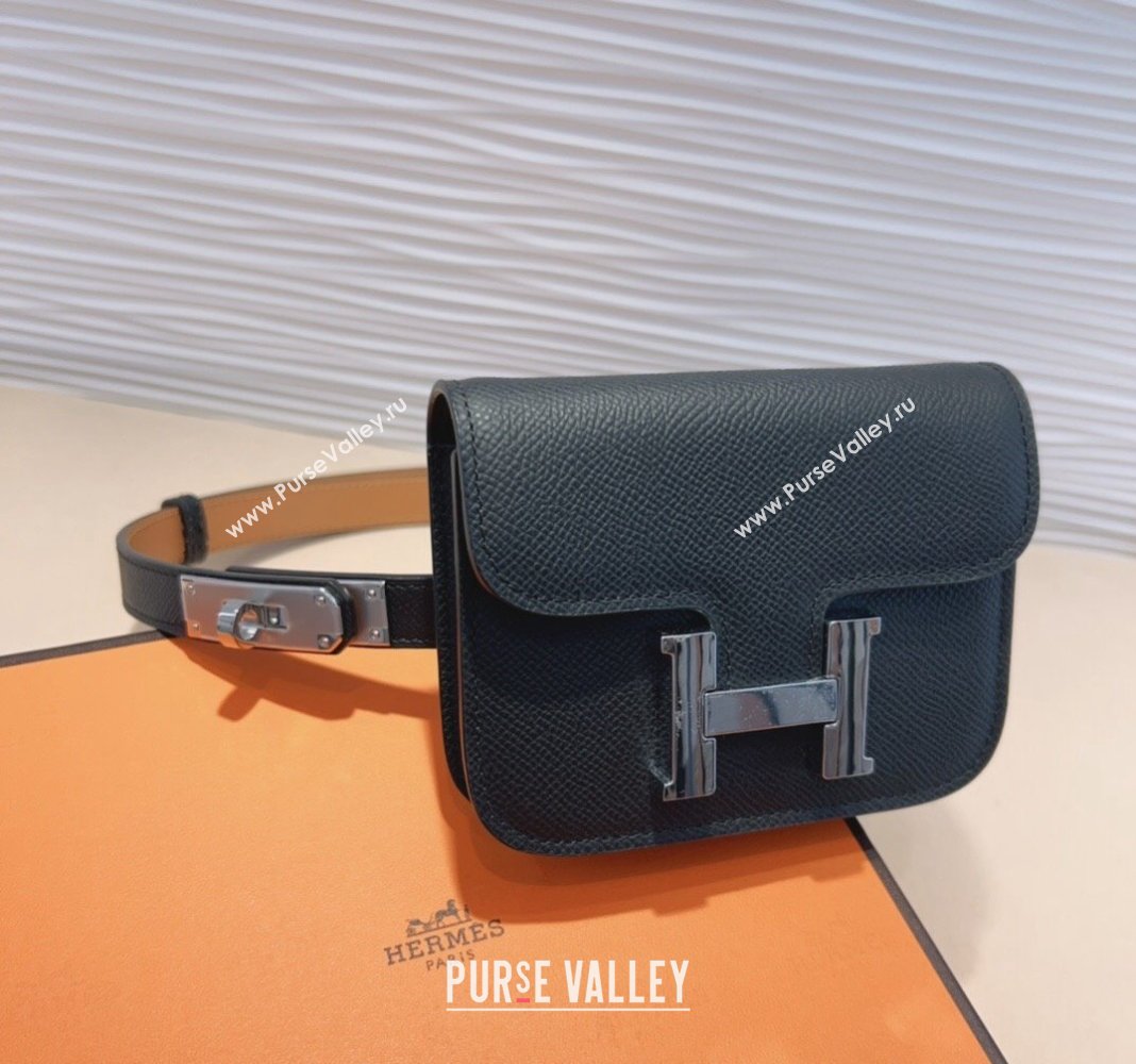 Hermes Kelly Buckle Slim Pouch Belt in Grained Calfskin with Silver Hardware Black 2024 0706 (99-240706029)