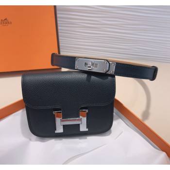 Hermes Kelly Buckle Slim Pouch Belt in Grained Calfskin with Silver Hardware Black 2024 0706 (99-240706029)