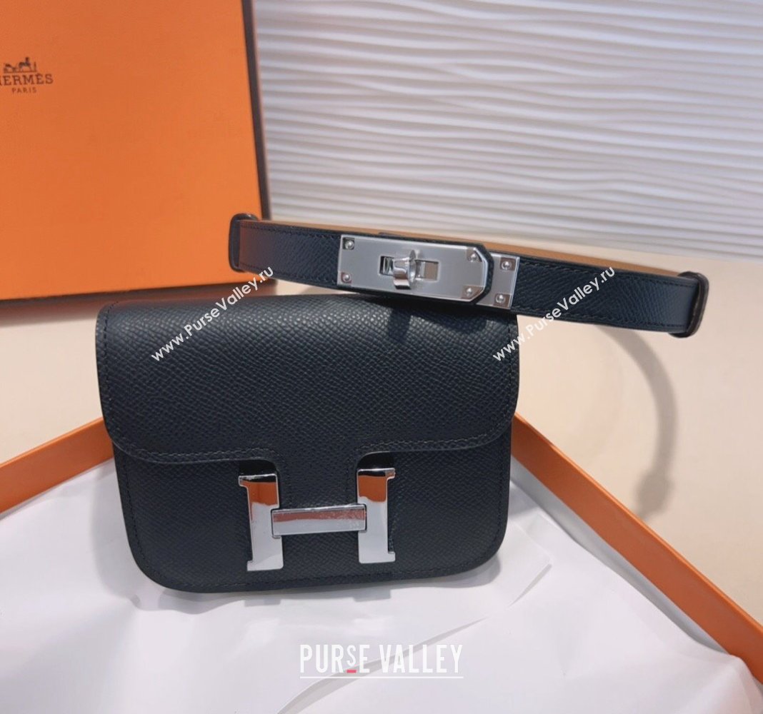 Hermes Kelly Buckle Slim Pouch Belt in Grained Calfskin with Silver Hardware Black 2024 0706 (99-240706029)