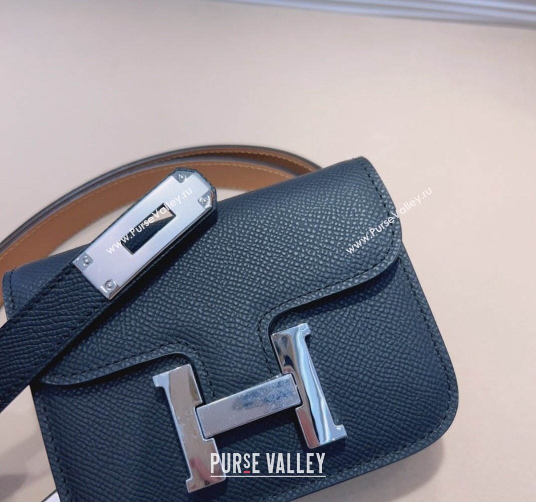 Hermes Kelly Buckle Slim Pouch Belt in Grained Calfskin with Silver Hardware Black 2024 0706 (99-240706029)