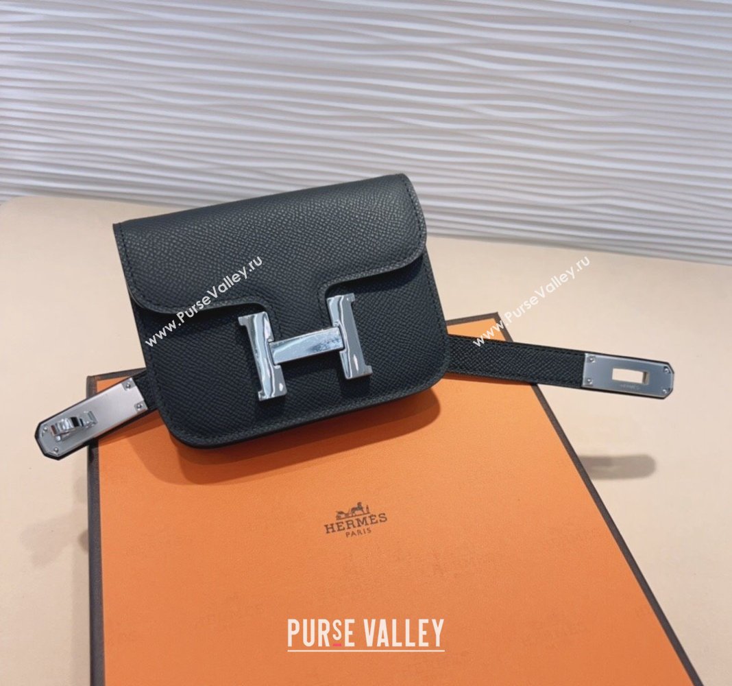 Hermes Kelly Buckle Slim Pouch Belt in Grained Calfskin with Silver Hardware Black 2024 0706 (99-240706029)