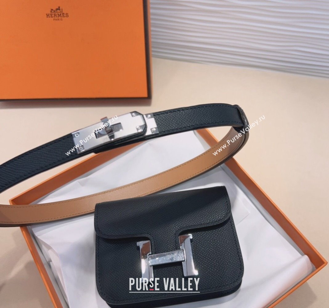 Hermes Kelly Buckle Slim Pouch Belt in Grained Calfskin with Silver Hardware Black 2024 0706 (99-240706029)