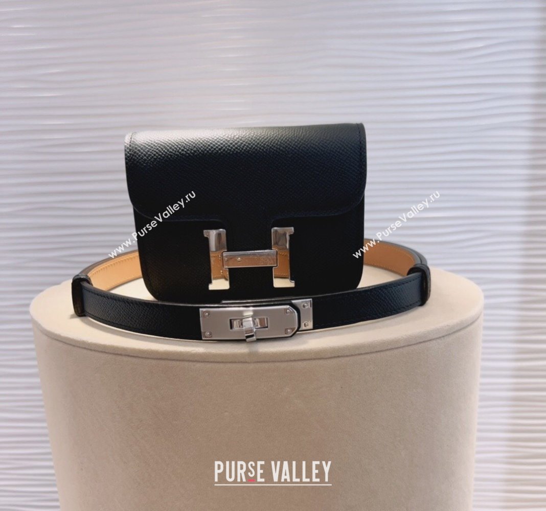 Hermes Kelly Buckle Slim Pouch Belt in Grained Calfskin with Silver Hardware Black 2024 0706 (99-240706029)