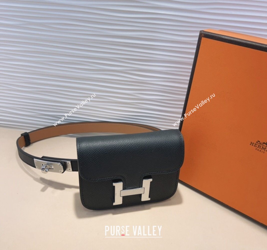 Hermes Kelly Buckle Slim Pouch Belt in Grained Calfskin with Silver Hardware Black 2024 0706 (99-240706029)