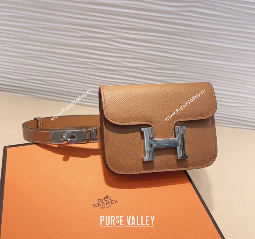 Hermes Kelly Buckle Slim Pouch Belt in Grained Calfskin with Silver Hardware Brown 2024 0706 (99-240706030)