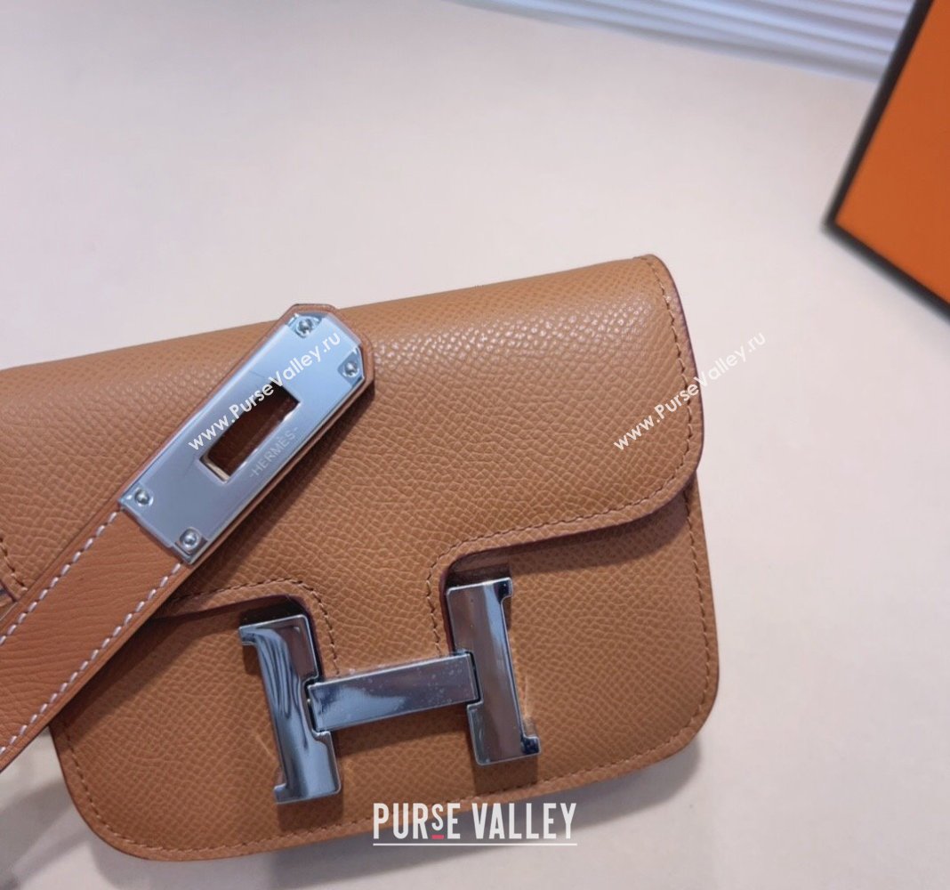 Hermes Kelly Buckle Slim Pouch Belt in Grained Calfskin with Silver Hardware Brown 2024 0706 (99-240706030)