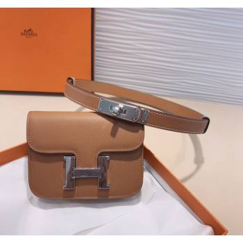 Hermes Kelly Buckle Slim Pouch Belt in Grained Calfskin with Silver Hardware Brown 2024 0706 (99-240706030)