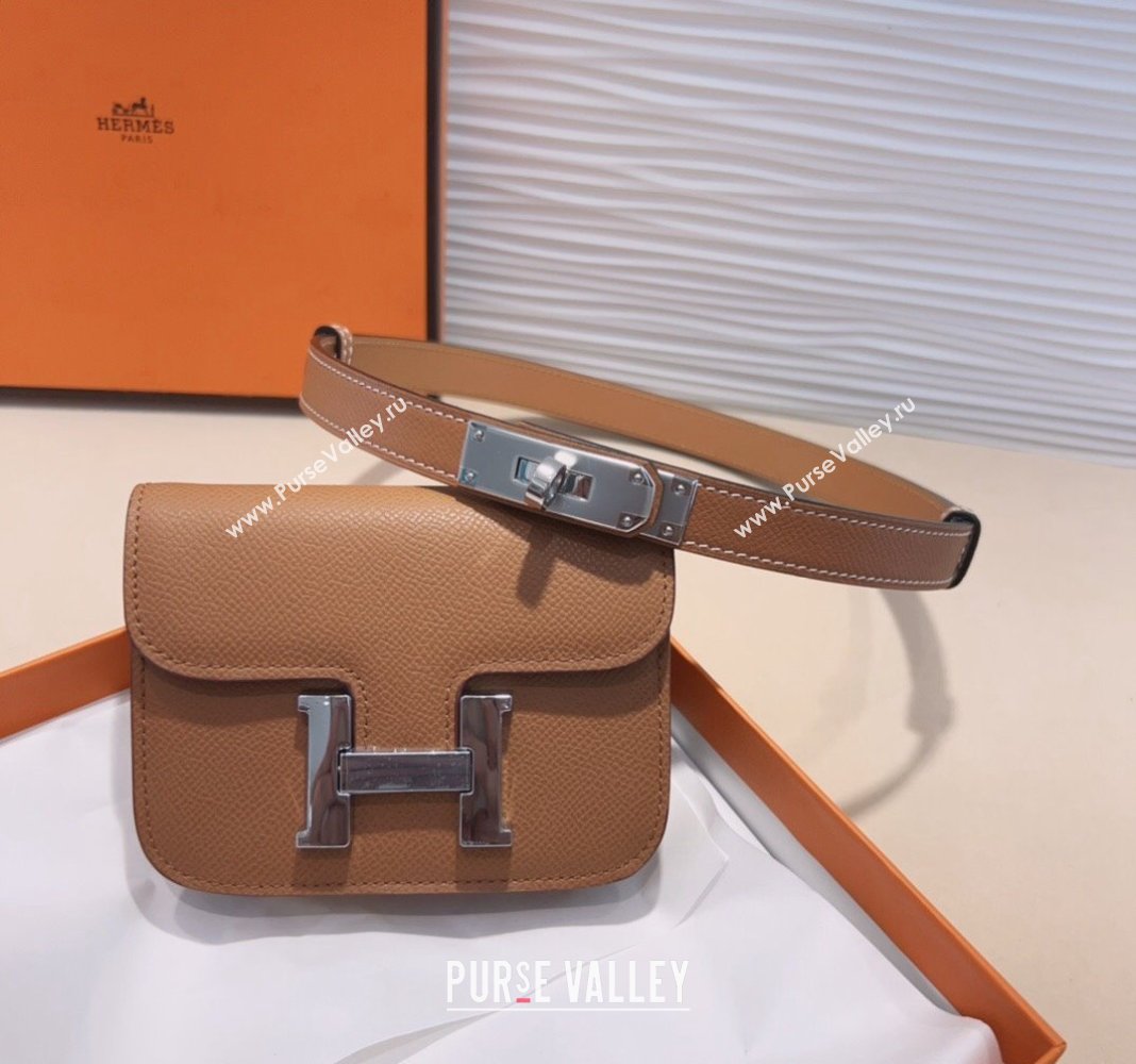 Hermes Kelly Buckle Slim Pouch Belt in Grained Calfskin with Silver Hardware Brown 2024 0706 (99-240706030)