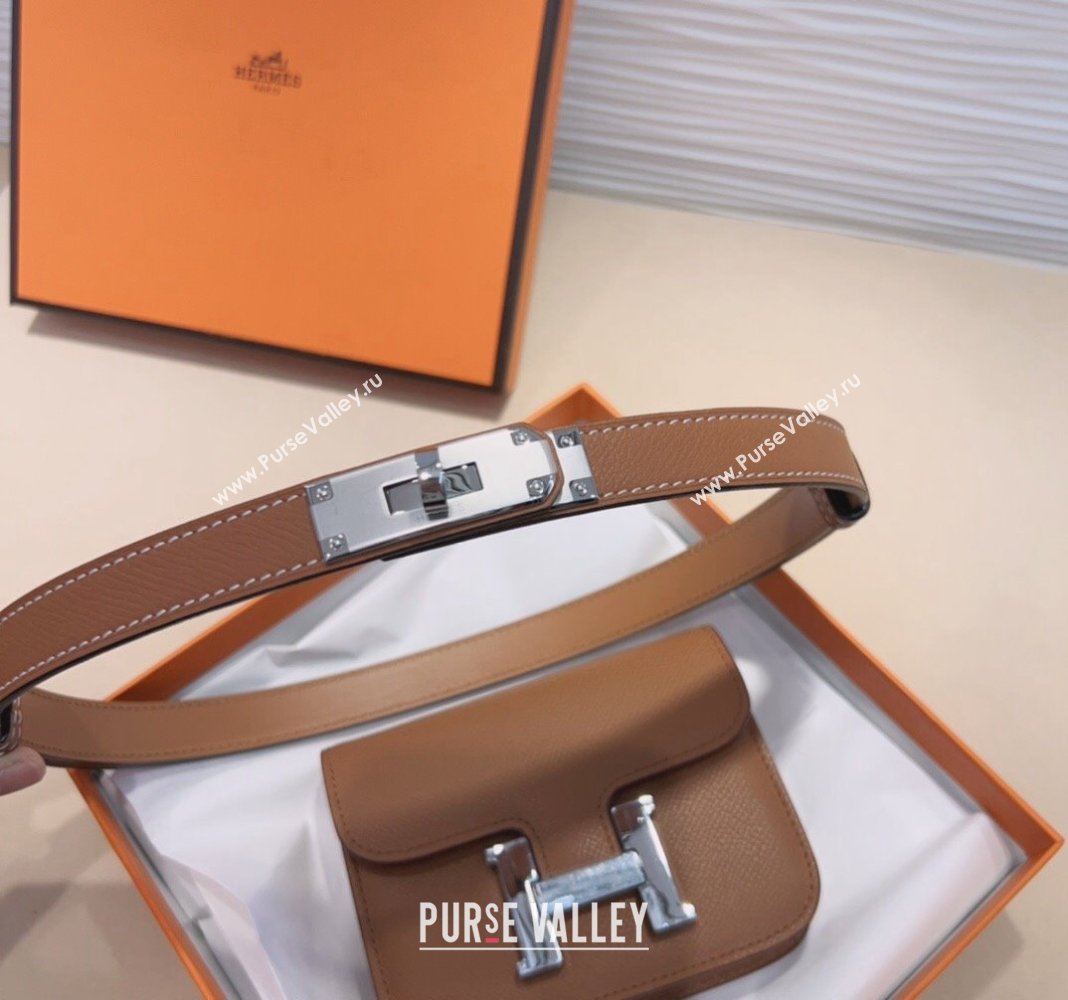 Hermes Kelly Buckle Slim Pouch Belt in Grained Calfskin with Silver Hardware Brown 2024 0706 (99-240706030)