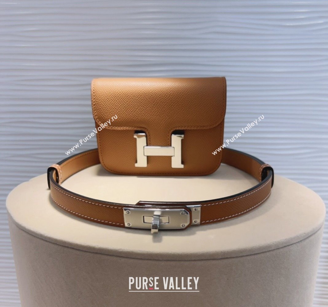 Hermes Kelly Buckle Slim Pouch Belt in Grained Calfskin with Silver Hardware Brown 2024 0706 (99-240706030)