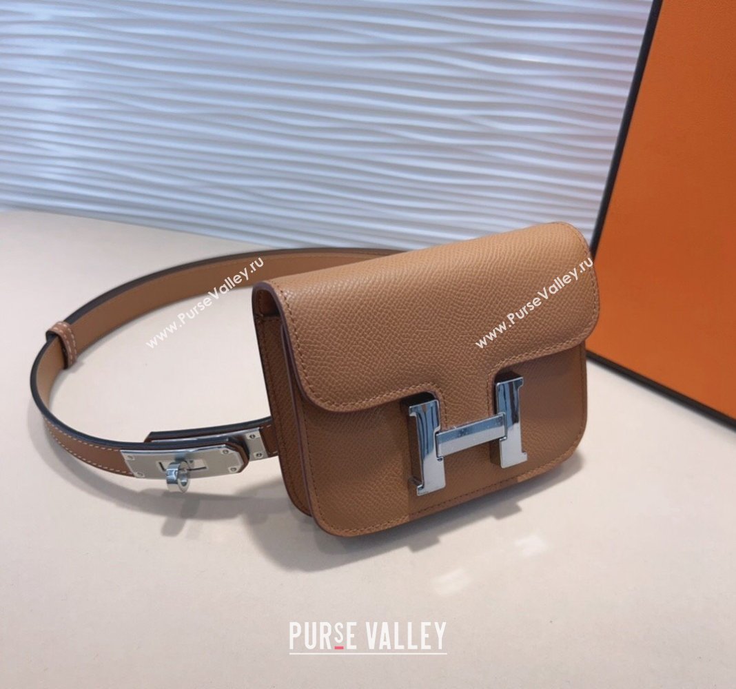 Hermes Kelly Buckle Slim Pouch Belt in Grained Calfskin with Silver Hardware Brown 2024 0706 (99-240706030)