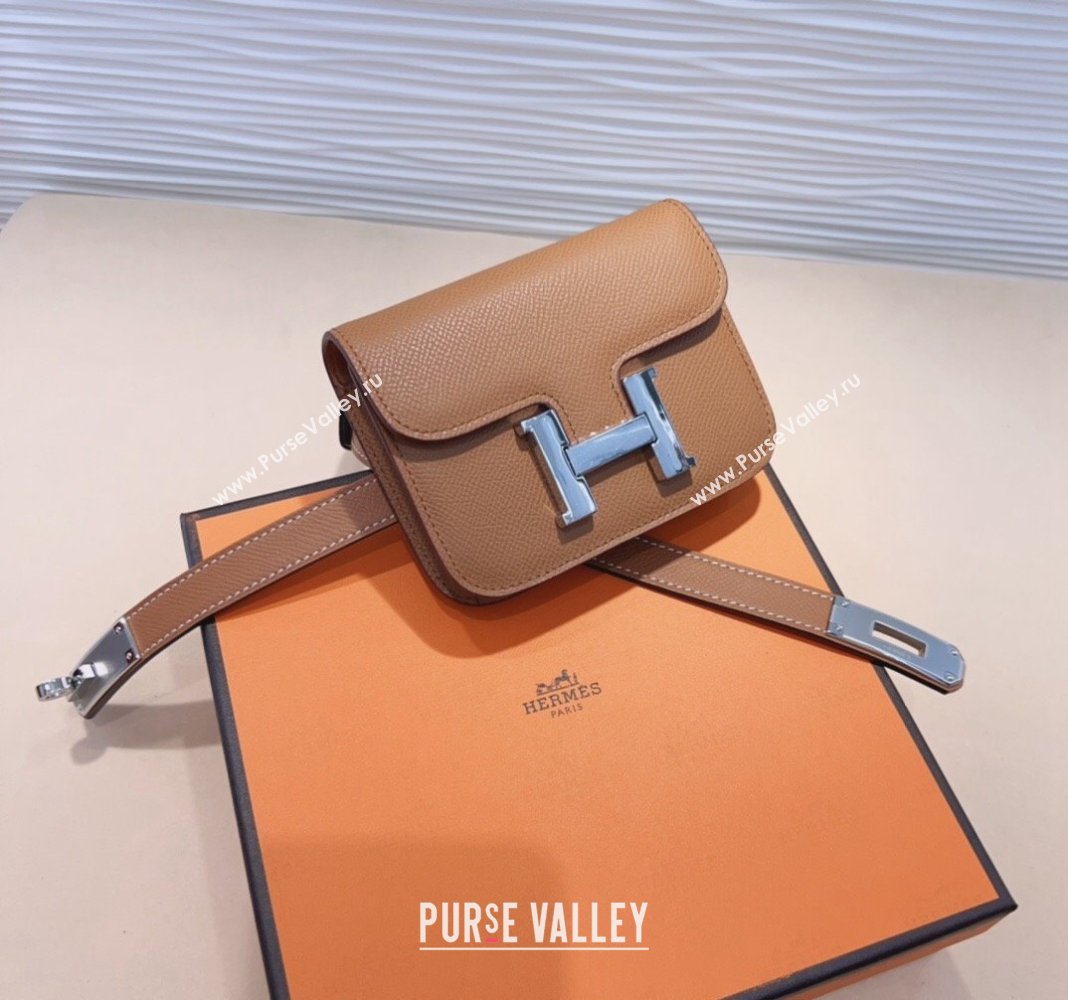 Hermes Kelly Buckle Slim Pouch Belt in Grained Calfskin with Silver Hardware Brown 2024 0706 (99-240706030)