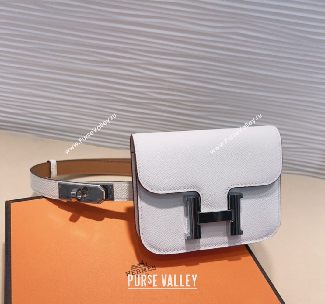 Hermes Kelly Buckle Slim Pouch Belt in Grained Calfskin with Silver Hardware White 2024 0706 (99-240706031)