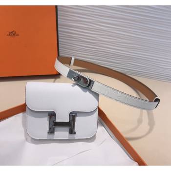 Hermes Kelly Buckle Slim Pouch Belt in Grained Calfskin with Silver Hardware White 2024 0706 (99-240706031)