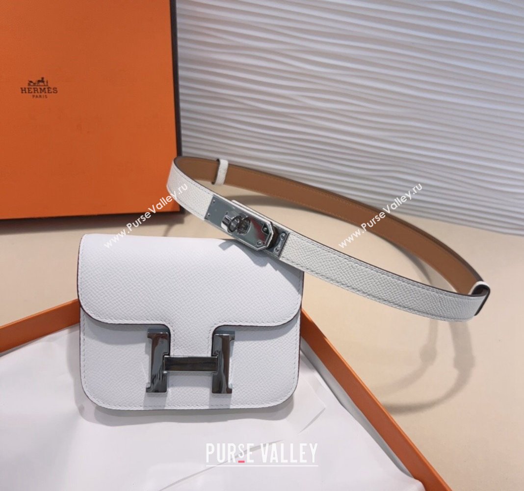 Hermes Kelly Buckle Slim Pouch Belt in Grained Calfskin with Silver Hardware White 2024 0706 (99-240706031)