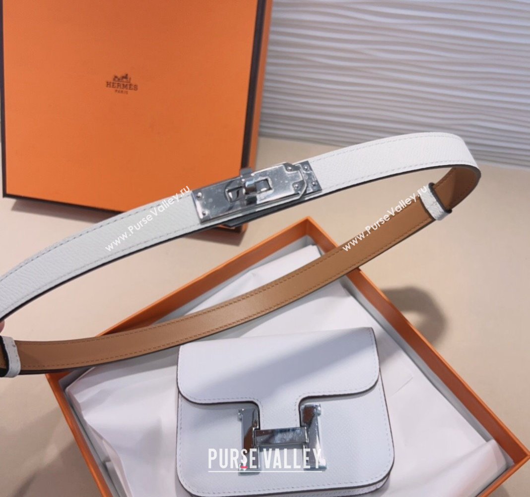 Hermes Kelly Buckle Slim Pouch Belt in Grained Calfskin with Silver Hardware White 2024 0706 (99-240706031)