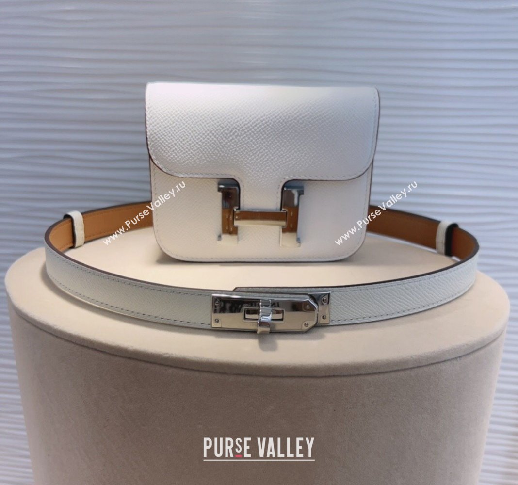 Hermes Kelly Buckle Slim Pouch Belt in Grained Calfskin with Silver Hardware White 2024 0706 (99-240706031)