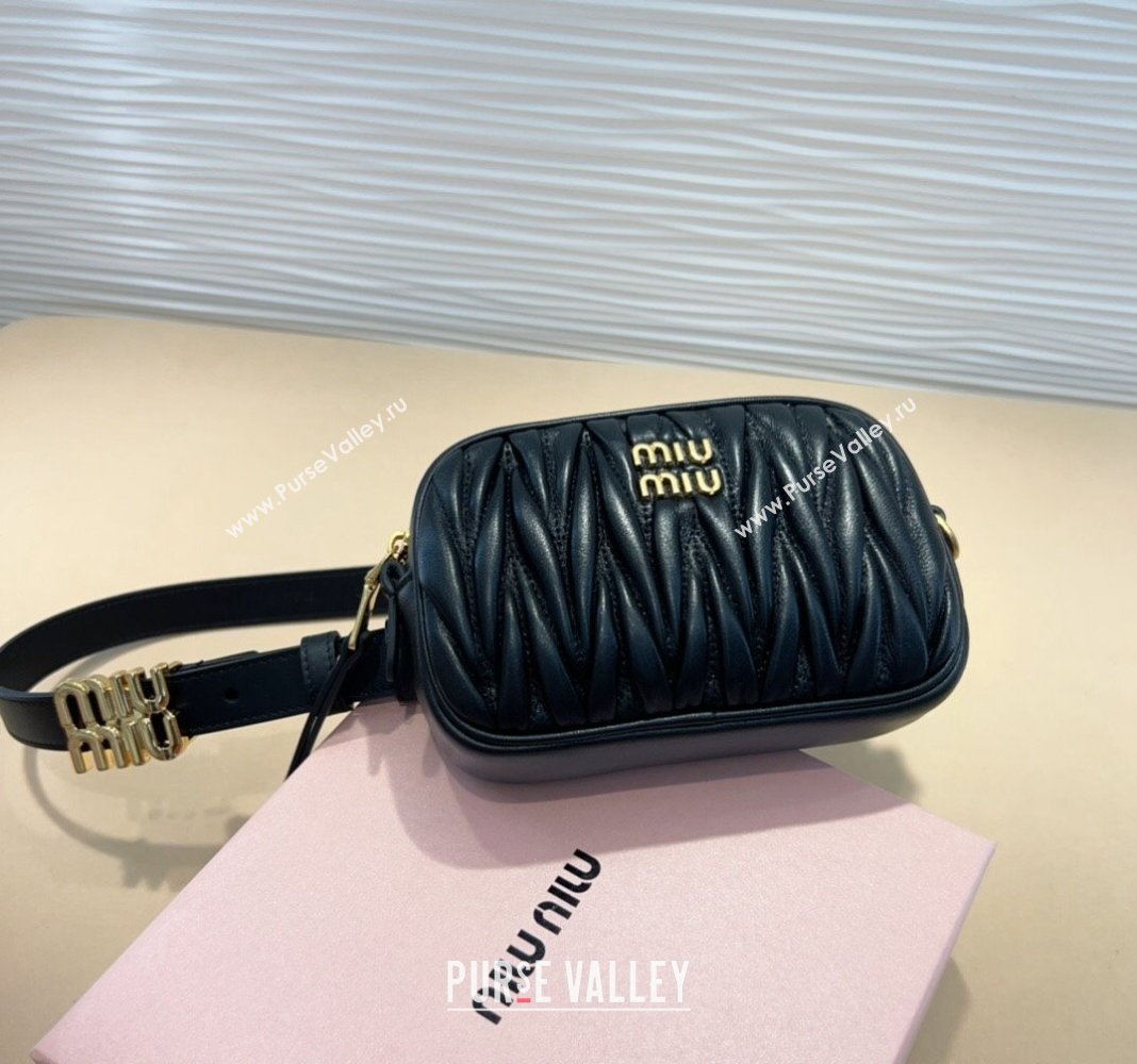 Miu Miu Matelasse Leather Pouch Belt 2cm with Logo Buckle Black 2024 0708 (99-240708027)