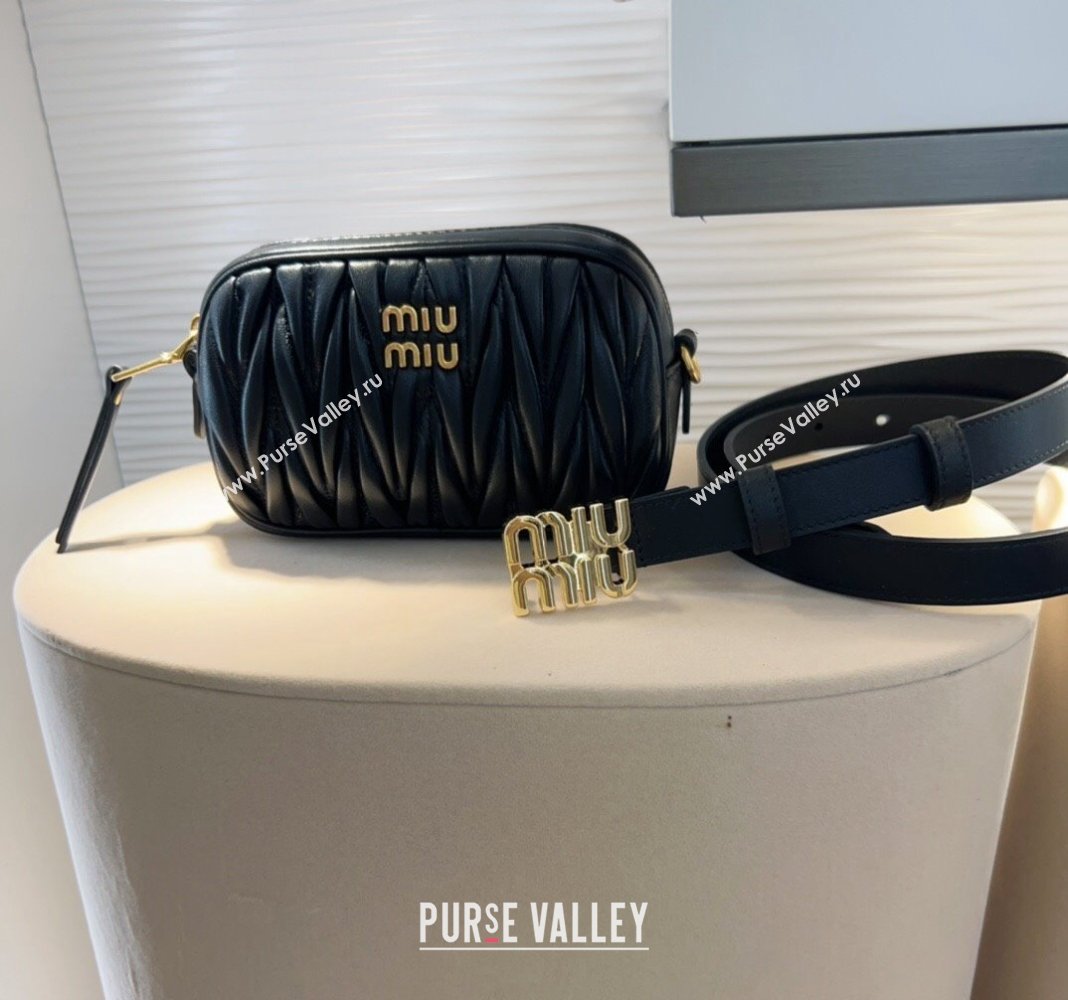 Miu Miu Matelasse Leather Pouch Belt 2cm with Logo Buckle Black 2024 0708 (99-240708027)