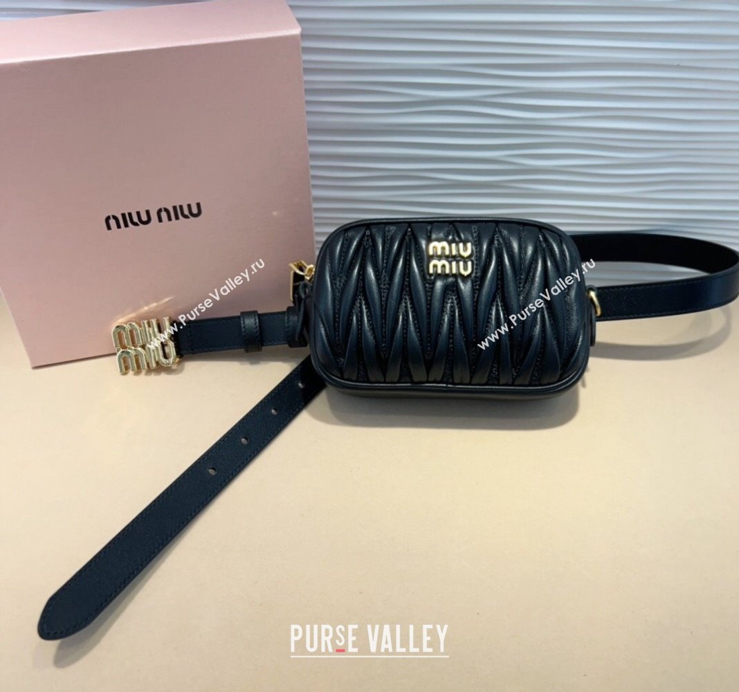 Miu Miu Matelasse Leather Pouch Belt 2cm with Logo Buckle Black 2024 0708 (99-240708027)