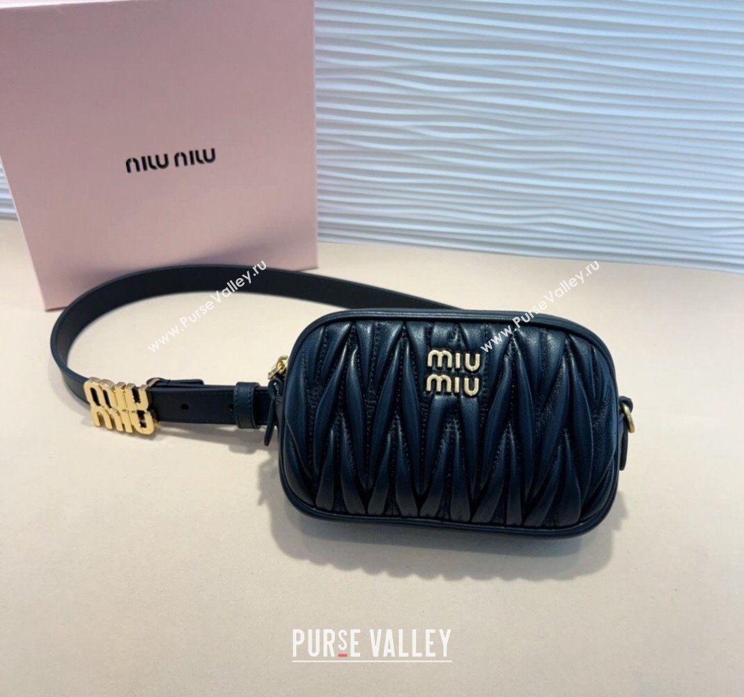 Miu Miu Matelasse Leather Pouch Belt 2cm with Logo Buckle Black 2024 0708 (99-240708027)