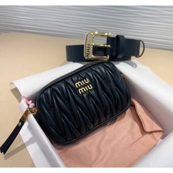 Miu Miu Matelasse Leather Pouch Belt 3cm with Pin Buckle Black 2024 0708 (99-240708030)