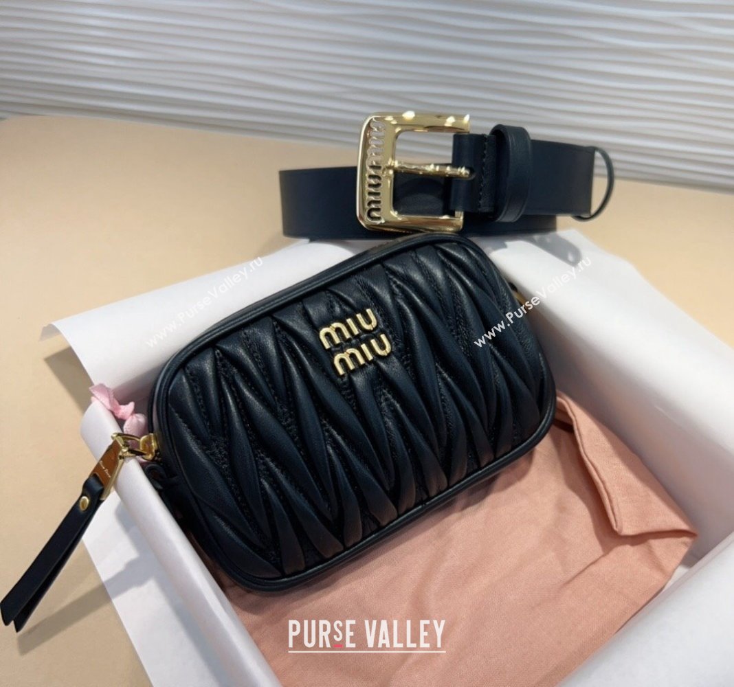 Miu Miu Matelasse Leather Pouch Belt 3cm with Pin Buckle Black 2024 0708 (99-240708030)