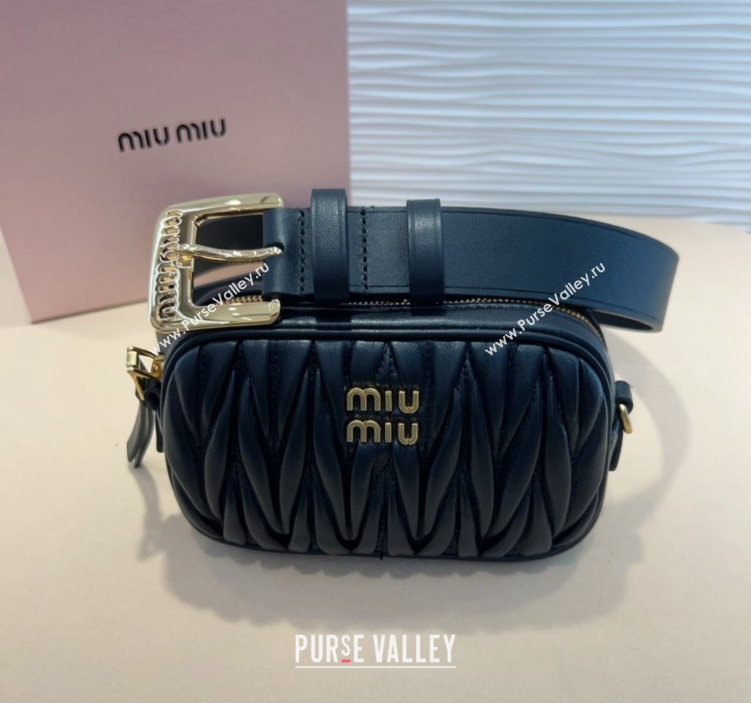 Miu Miu Matelasse Leather Pouch Belt 3cm with Pin Buckle Black 2024 0708 (99-240708030)