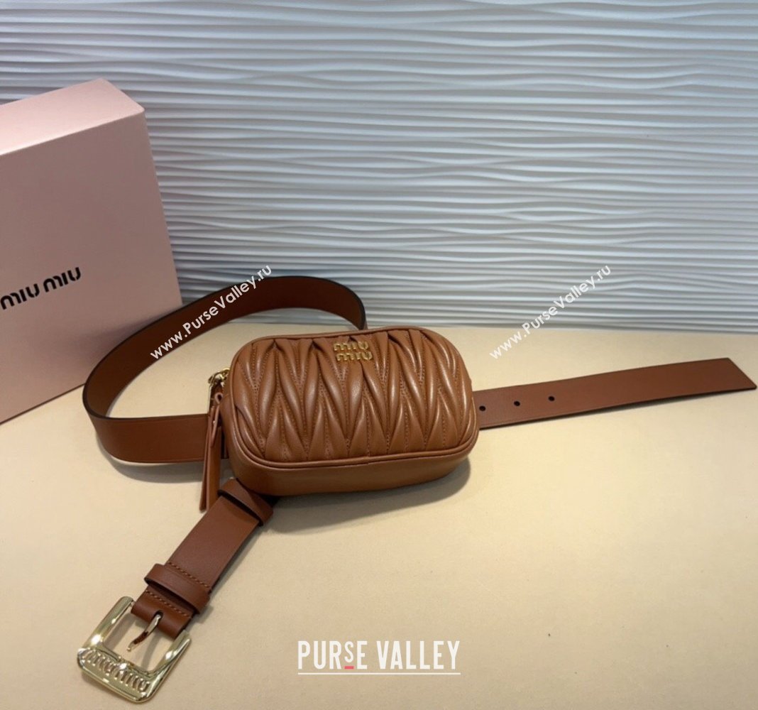 Miu Miu Matelasse Leather Pouch Belt 3cm with Pin Buckle Brown 2024 0708 (99-240708031)