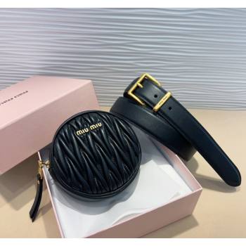 Miu Miu Matelasse Leather Round Pouch Belt 3cm Black 2024 0708 (99-240708033)