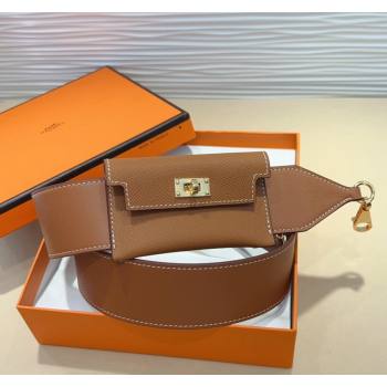 Hermes Kelly Pocket Trap Pouch Belt in Grianed Calfskin with Gold Buckle Brown 2024 (99-240708042)