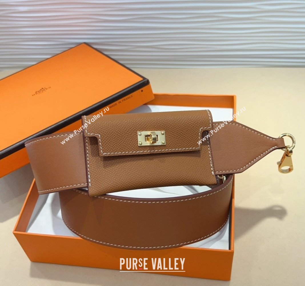 Hermes Kelly Pocket Trap Pouch Belt in Grianed Calfskin with Gold Buckle Brown 2024 (99-240708042)