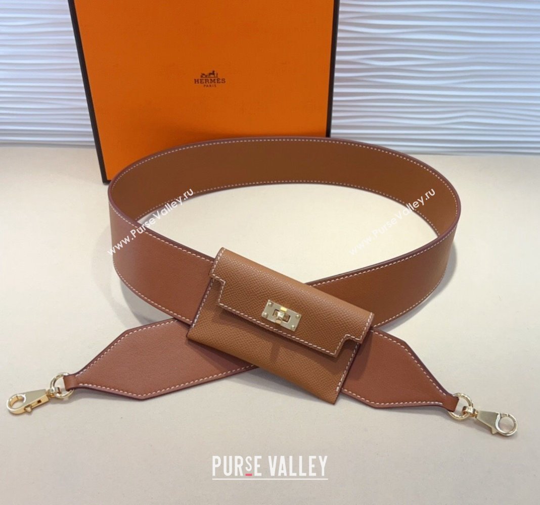 Hermes Kelly Pocket Trap Pouch Belt in Grianed Calfskin with Gold Buckle Brown 2024 (99-240708042)