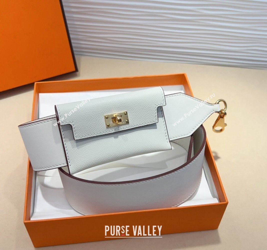 Hermes Kelly Pocket Trap Pouch Belt in Grianed Calfskin with Gold Buckle White 2024 (99-240708044)