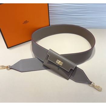 Hermes Kelly Pocket Trap Pouch Belt in Grianed Calfskin with Gold Buckle Grey 2024 (99-240708045)