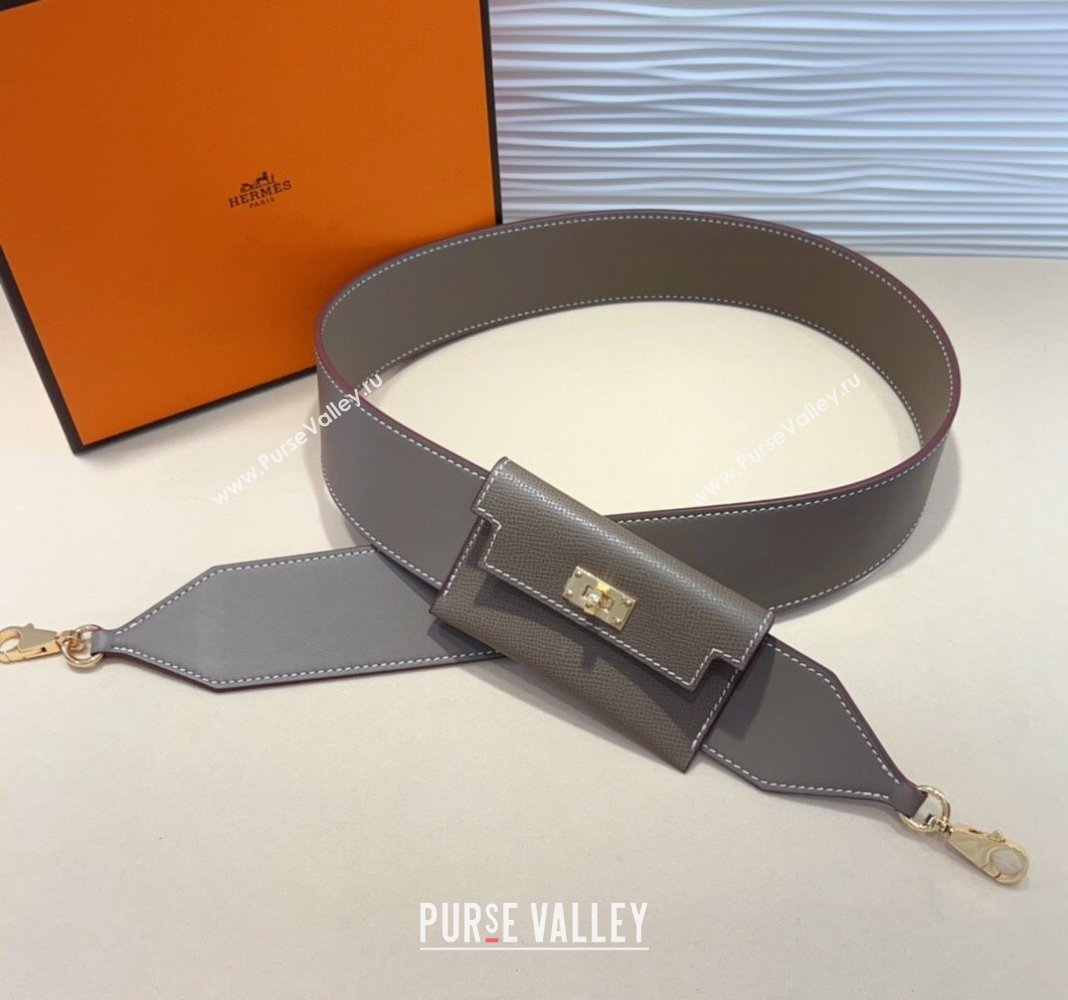 Hermes Kelly Pocket Trap Pouch Belt in Grianed Calfskin with Gold Buckle Grey 2024 (99-240708045)