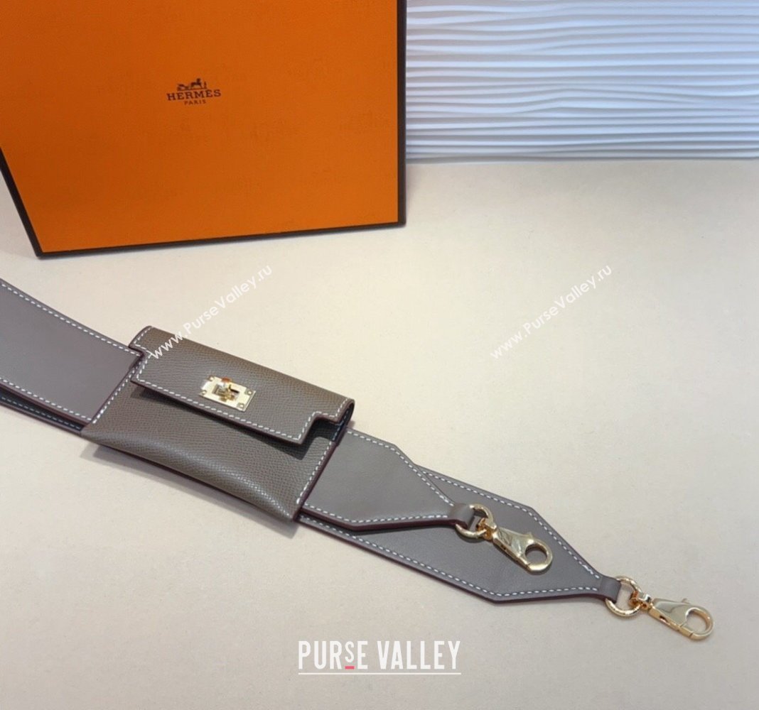 Hermes Kelly Pocket Trap Pouch Belt in Grianed Calfskin with Gold Buckle Grey 2024 (99-240708045)