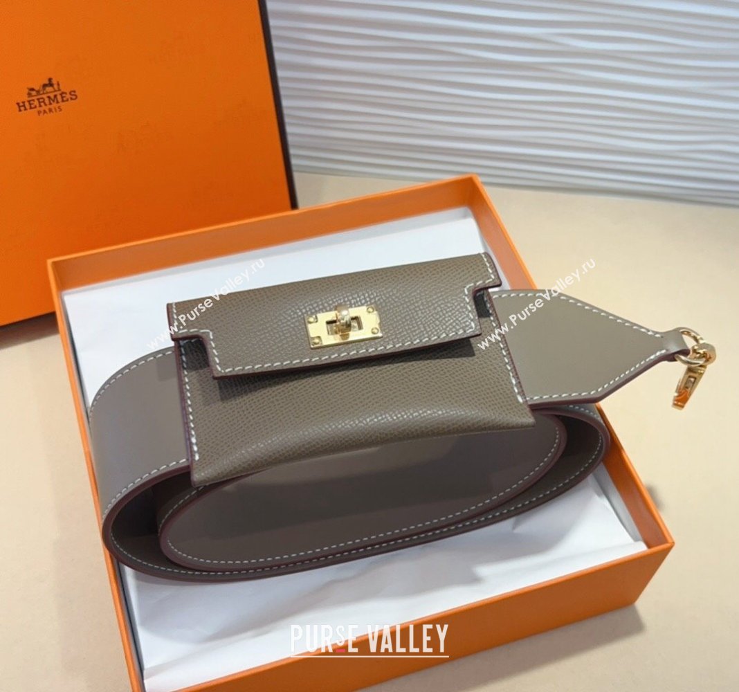 Hermes Kelly Pocket Trap Pouch Belt in Grianed Calfskin with Gold Buckle Grey 2024 (99-240708045)