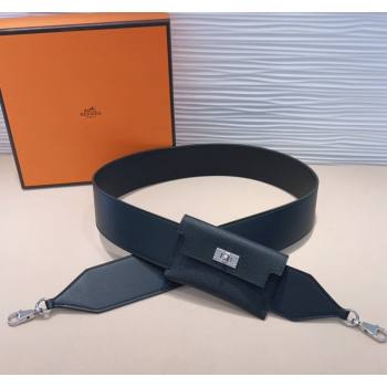 Hermes Kelly Pocket Trap Pouch Belt in Grianed Calfskin with Silver Buckle Black 2024 (99-240708046)
