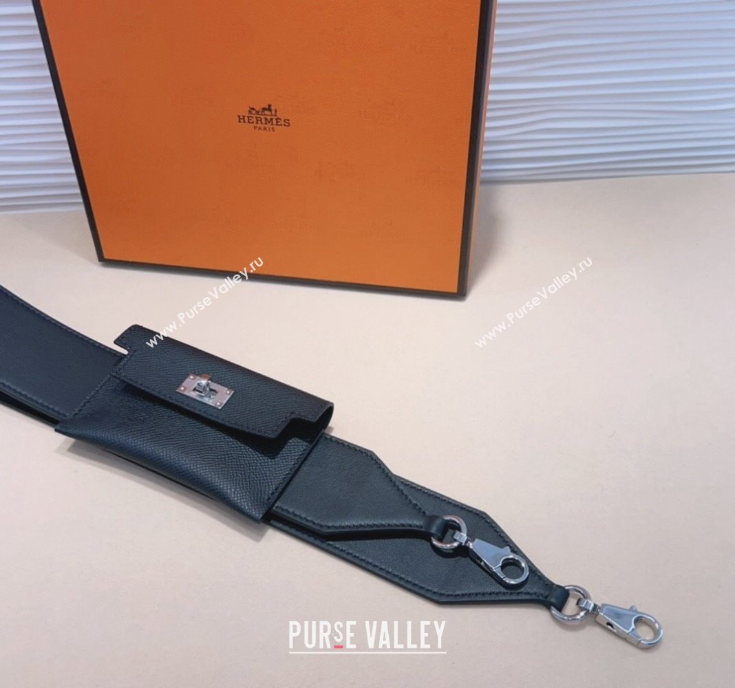 Hermes Kelly Pocket Trap Pouch Belt in Grianed Calfskin with Silver Buckle Black 2024 (99-240708046)