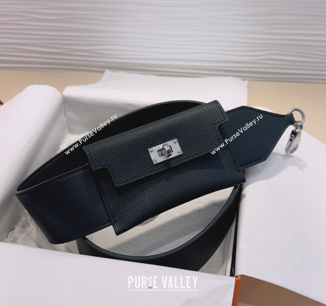 Hermes Kelly Pocket Trap Pouch Belt in Grianed Calfskin with Silver Buckle Black 2024 (99-240708046)