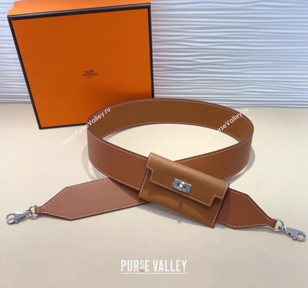 Hermes Kelly Pocket Trap Pouch Belt in Grianed Calfskin with Sillver Buckle Brown 2024 (99-240708047)