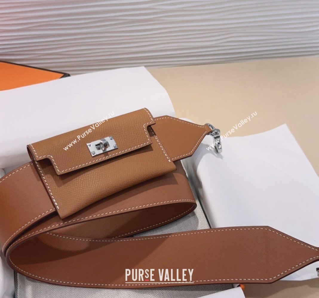 Hermes Kelly Pocket Trap Pouch Belt in Grianed Calfskin with Sillver Buckle Brown 2024 (99-240708047)