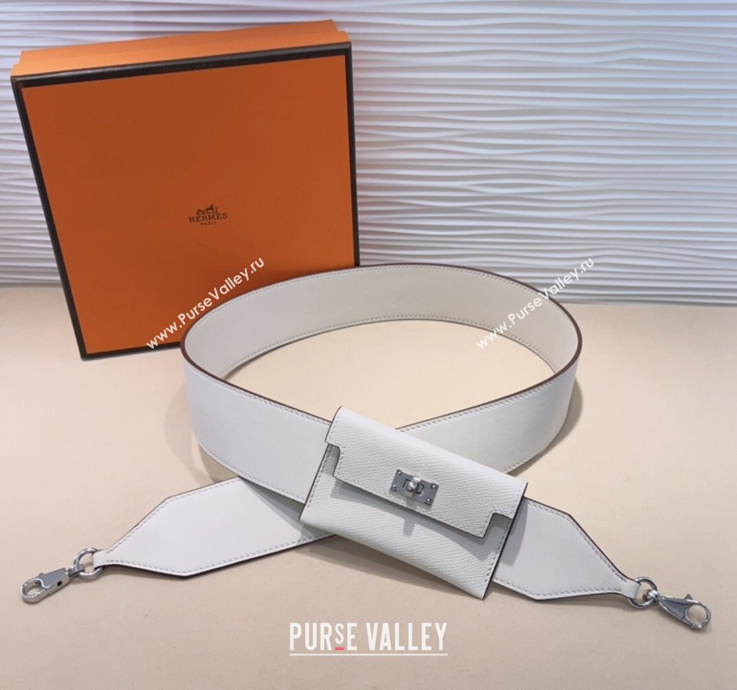 Hermes Kelly Pocket Trap Pouch Belt in Grianed Calfskin with Silver Buckle White 2024 (99-240708048)