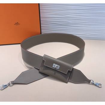 Hermes Kelly Pocket Trap Pouch Belt in Grianed Calfskin with Silver Buckle Grey 2024 (99-240708049)