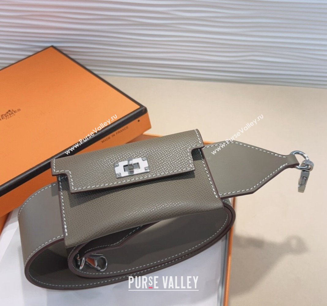 Hermes Kelly Pocket Trap Pouch Belt in Grianed Calfskin with Silver Buckle Grey 2024 (99-240708049)